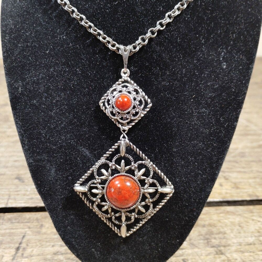 Vintage Sarah Coventry Necklace Silver Tone Signed Costume Red Stone Brooch Pin